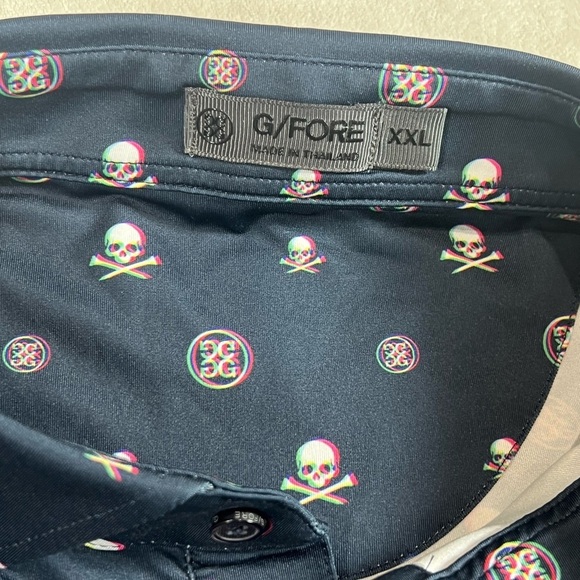 G/FORE XL Blue Polo Skull Logo All Over Print Golf Performance Shirt C10 - Picture 2 of 6